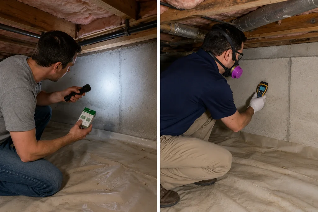 Image of DIY vs professional mold inspection cost comparison in a crawl space