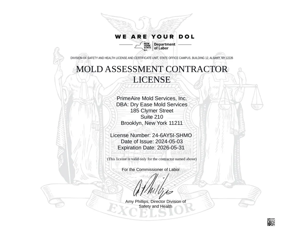 Image of NY DOL Mold Assessment Contractor License for PrimeAire Mold Services Inc