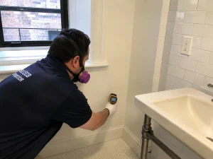 Image of a certified mold inspector using a moisture meter during a professional mold inspection