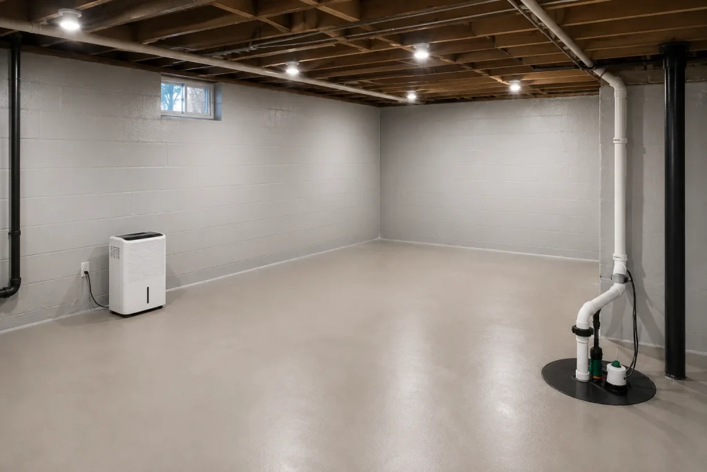 Image of a clean dry basement with dehumidifier and sump pump for mold prevention