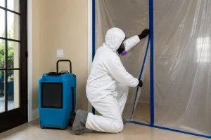 Image of a mold remediation technician sealing plastic containment sheeting in a residential home