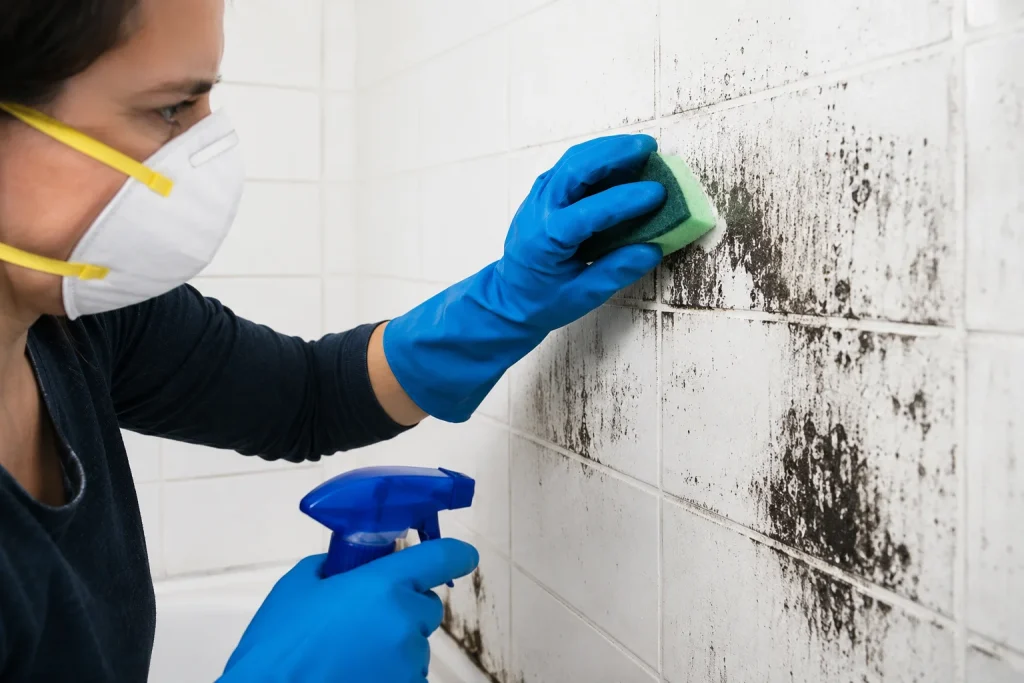 Image of a person in mask and gloves scrubbing black mold off white tile wall