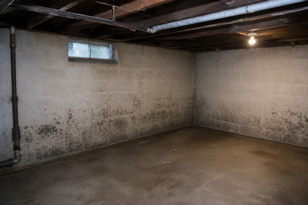 Image of basement mold remediation cost showing mold growth on concrete block walls and floor joists