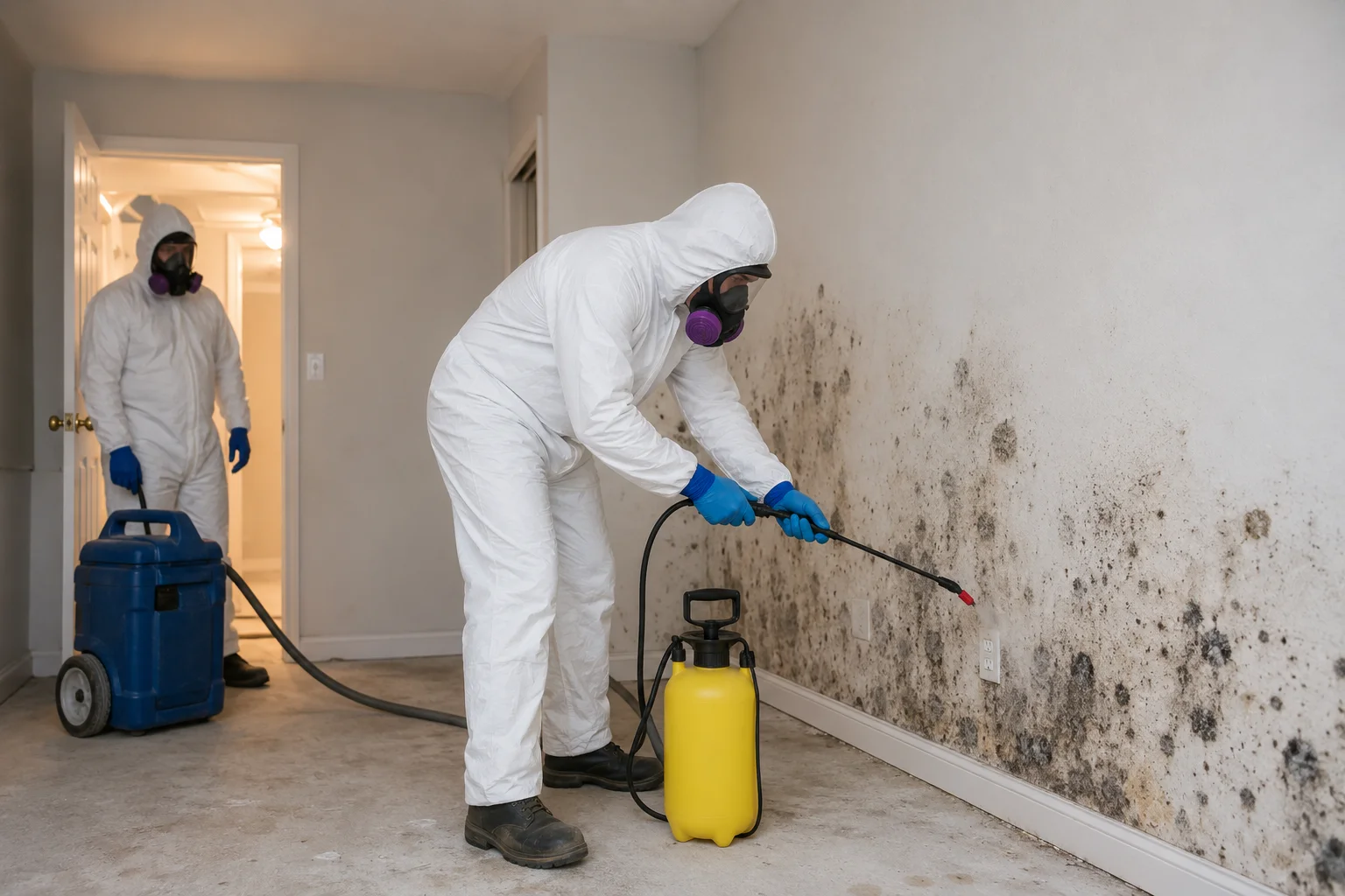 Image of basement mold remediation cost technicians in Tyvek suits spraying mold-covered walls