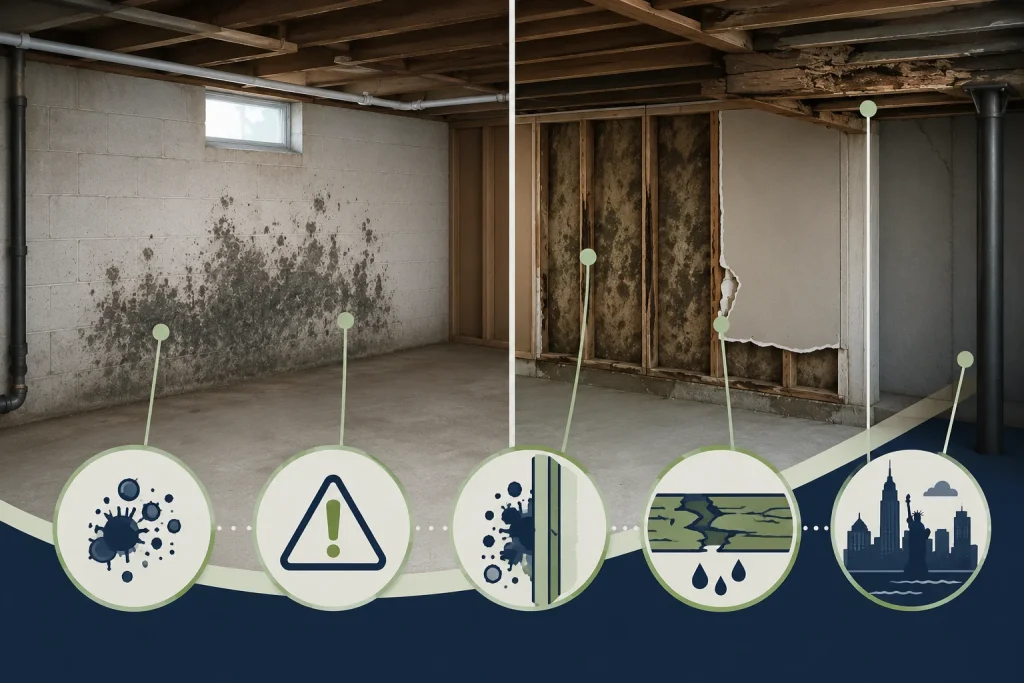 Image of five mold cost factors in a NYC basement infographic with icons