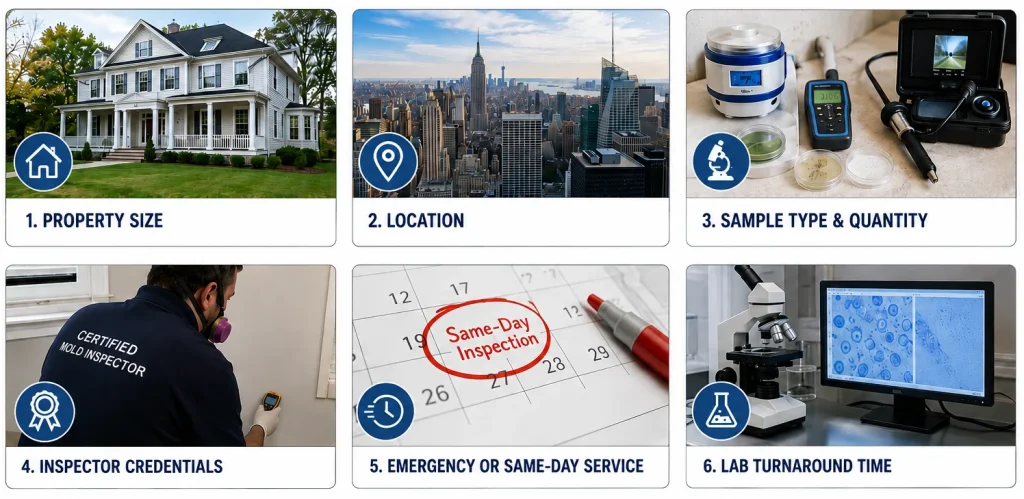 Infographic of 6 factors that affect mold inspection cost including property size and location