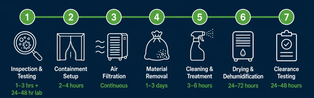 Infographic of how long mold remediation takes showing 7 steps from inspection to clearance testing
