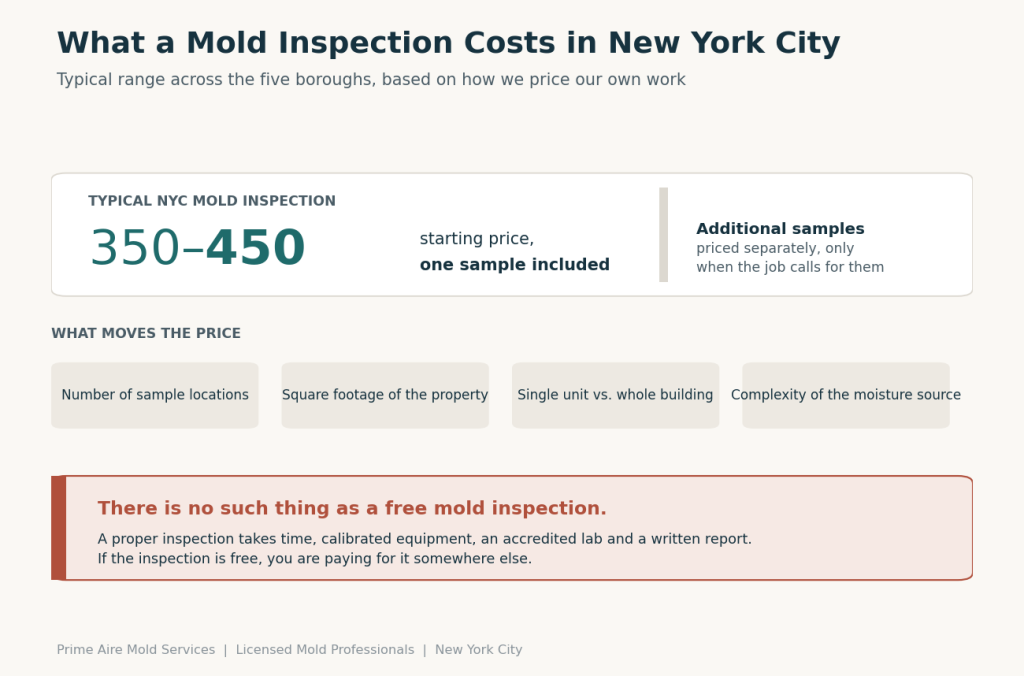 Chart showing typical New York City mold inspection cost of $350 to $450 with one sample included
