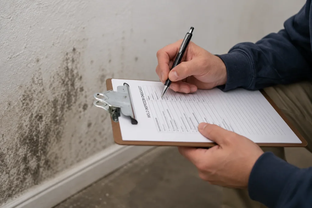 Certified mold inspector completing a mold inspection checklist next to a mold-affected wall