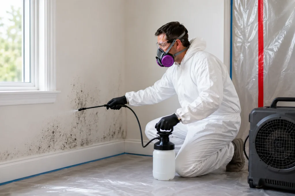 Certified mold technician applying antimicrobial treatment to mold-affected drywall during a remediation project