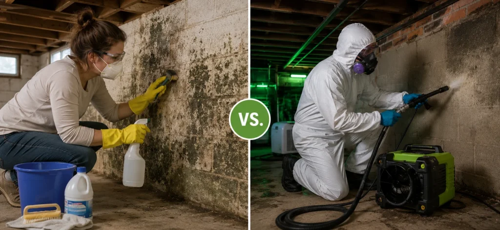 Comparison of DIY mold cleaning versus professional remediation, highlighting the cost of mold removal for each approach