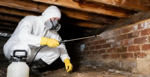 Image of crawl space mold removal experts applying antimicrobial spray to moldy joists