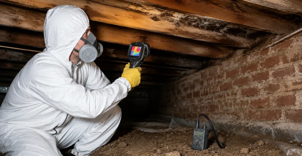 Image of crawl space mold removal experts inspecting mold on wood floor joists