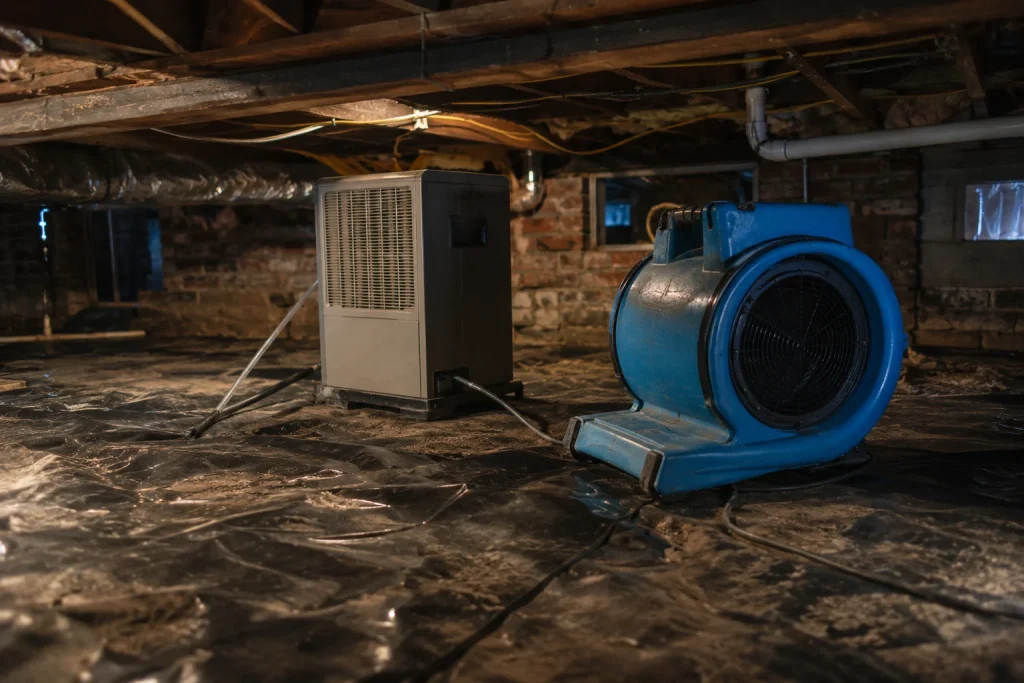 Image of dehumidifier and air mover drying a crawl space after mold remediation