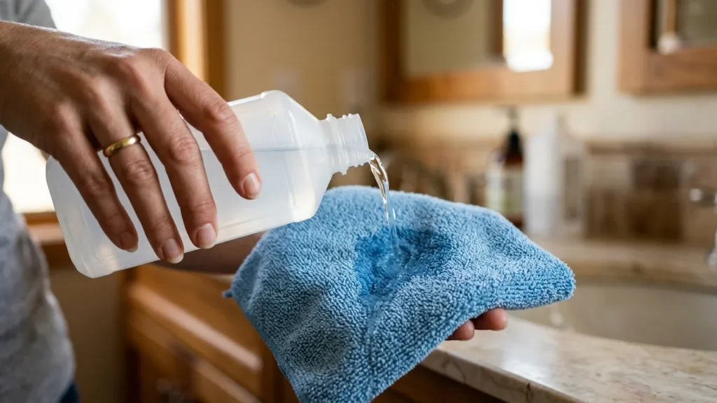 Image of does alcohol kill mold test using isopropyl alcohol poured onto a microfiber cloth