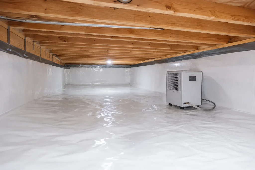 Image of encapsulated crawl space with white vapor barrier and dehumidifier installed