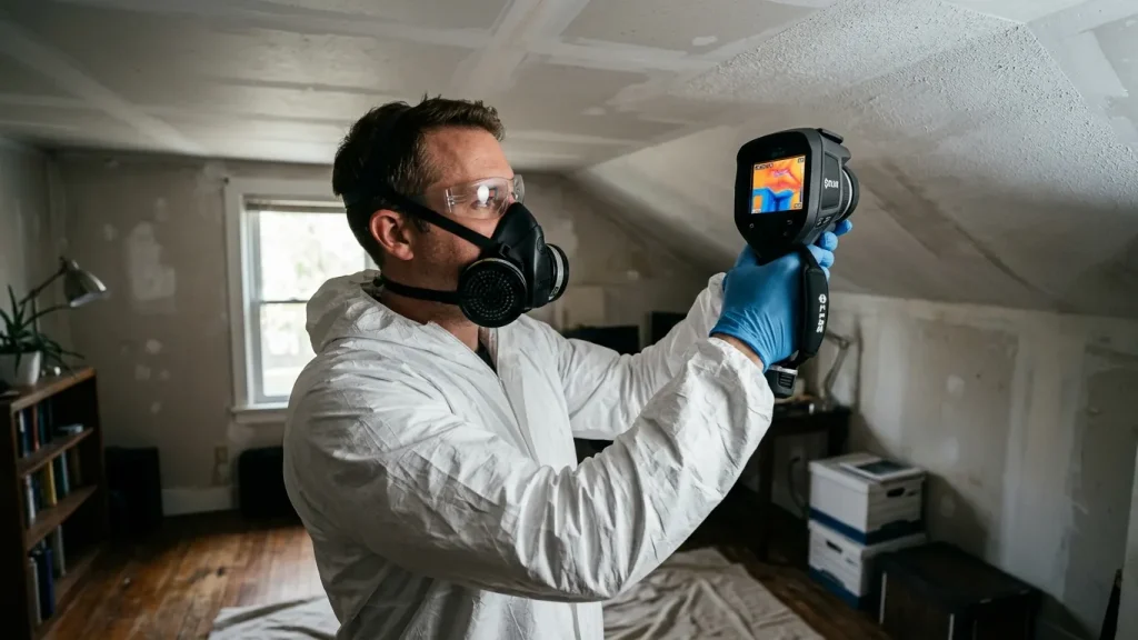 Image of licensed mold inspector using thermal imaging camera to scan a ceiling for hidden moisture