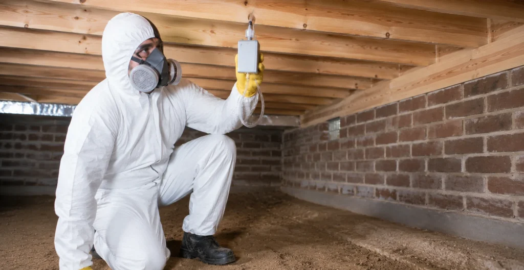 Image of technician checking a moisture sensor on crawl space floor joists