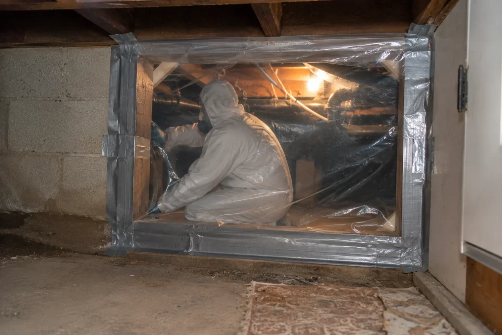 Image of technician sealing plastic containment barrier in a mold-affected crawl space