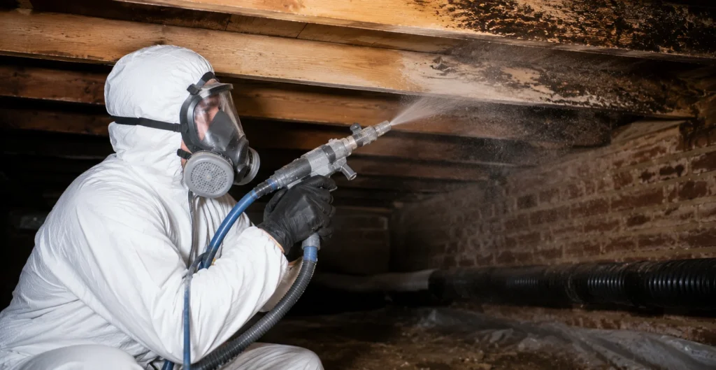 Image of technician spraying antimicrobial treatment on a brick crawl space wall