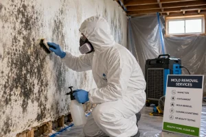 Mold removal technician in protective suit treating mold on a basement wall, illustrating professional services included in the cost of mold removal