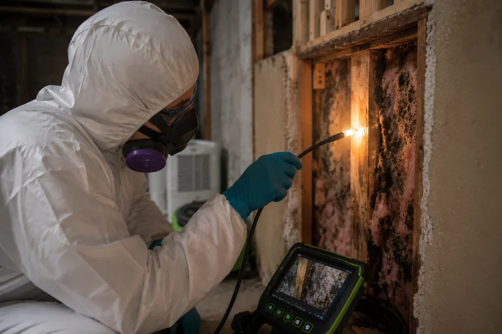 Mold technician using a fiber-optic borescope to inspect hidden mold inside a wall cavity before treatment