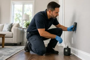 Certified inspector using a moisture meter and air sampling pump during a home mold test