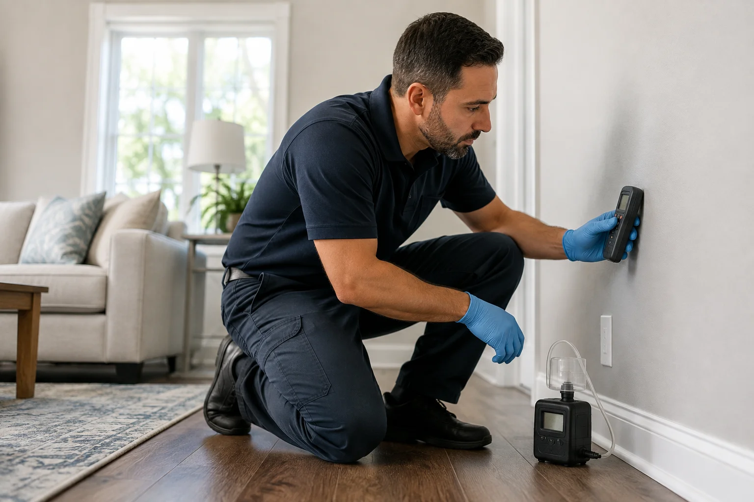 Certified inspector using a moisture meter and air sampling pump during a home mold test