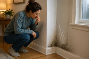Image of a woman noticing a musty odor, since mold does have a smell before mold appears