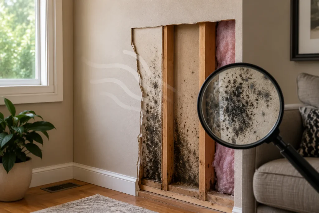 Image of mold hidden behind a wall, showing why mold does have a smell before it's visible