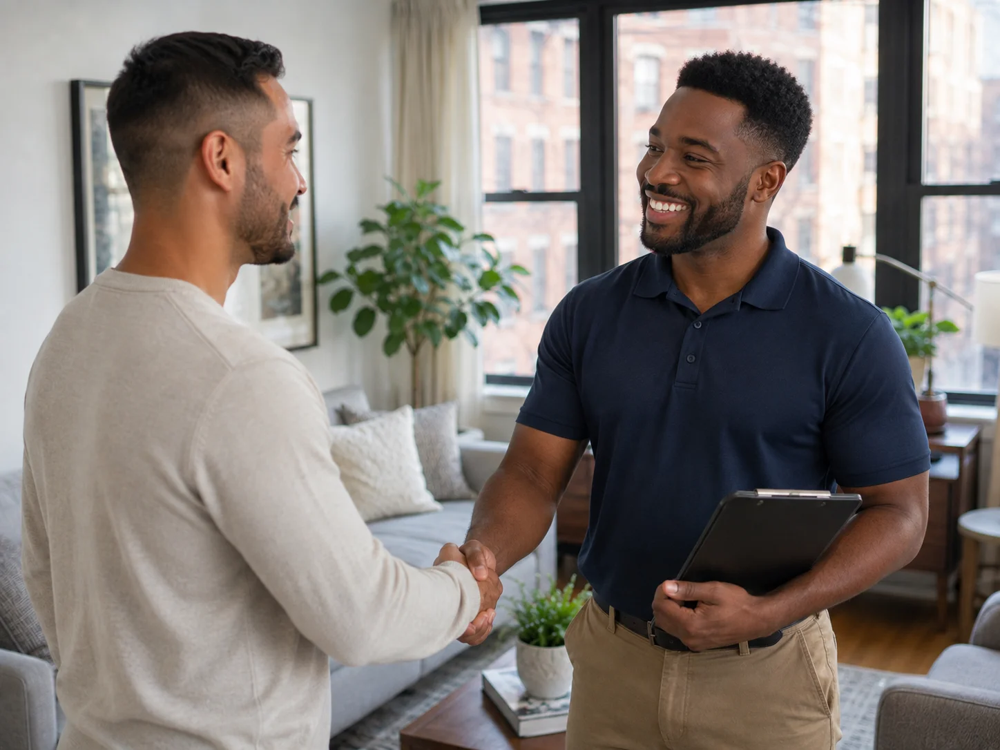 Image of mold inspector greeting homeowner after mold inspection in nyc