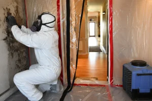 Image of technician performing mold remediation portraying can you stay in home during mold remediation