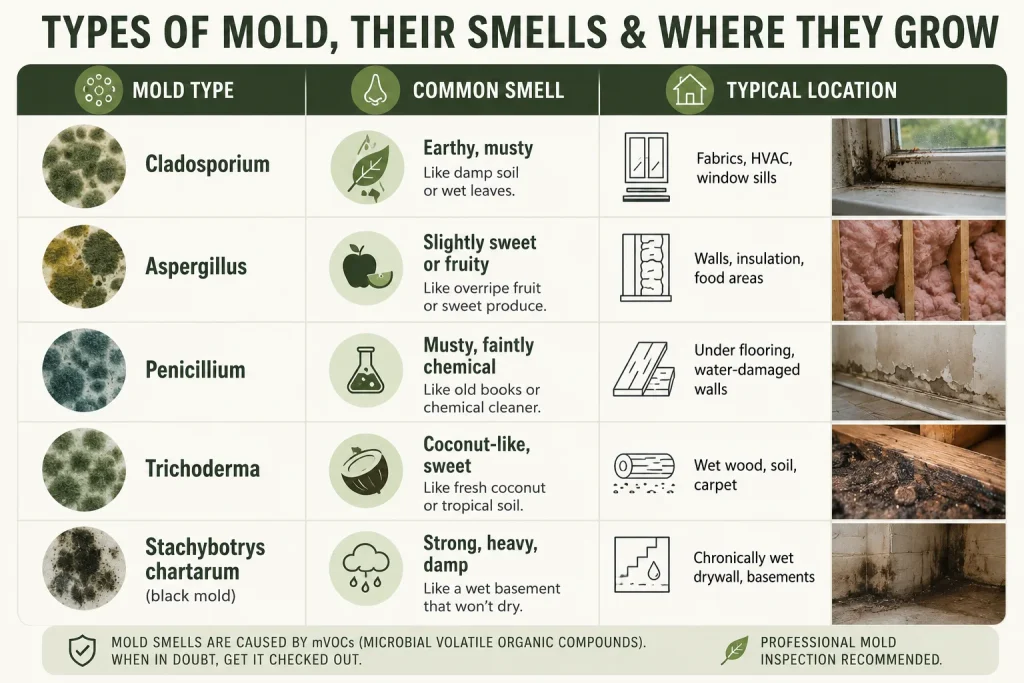 Infographic of mold types, their smells, and where they typically grow in a home