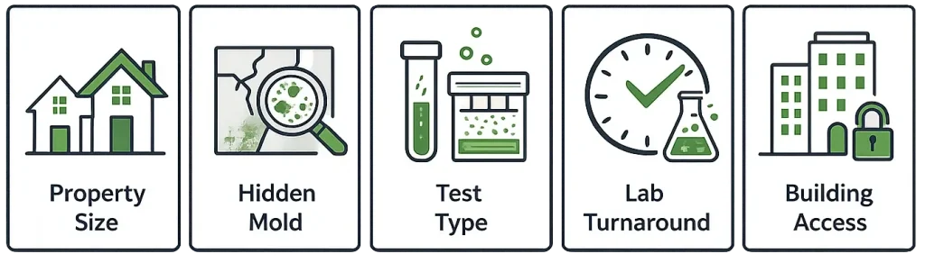 Infographic showing five factors that affect how long mold testing takes, including property size and lab turnaround