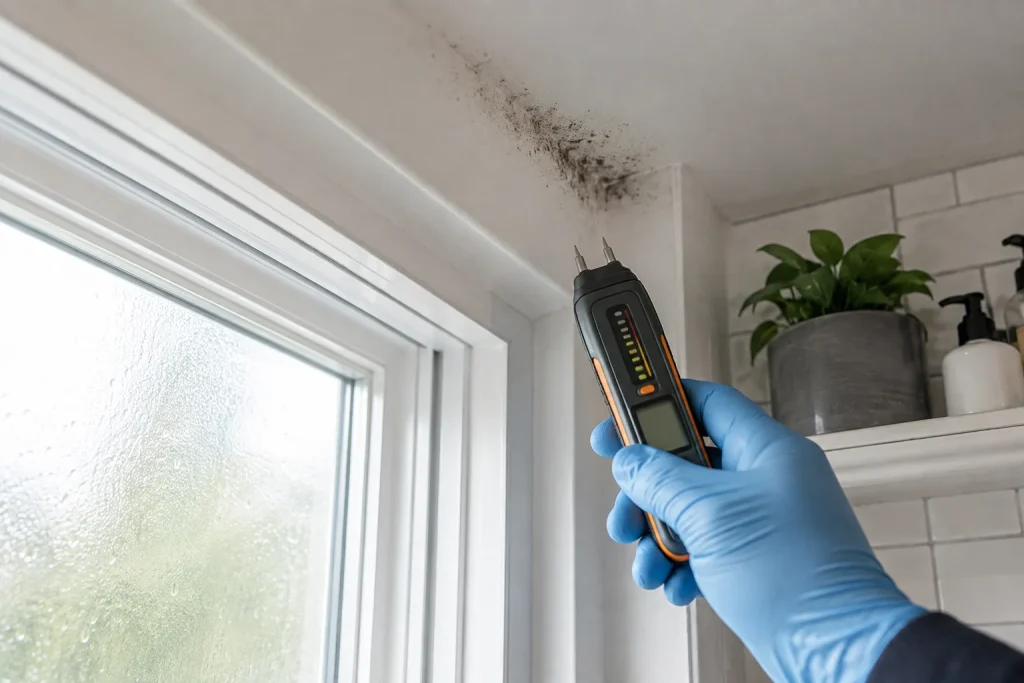 Inspector checking moisture near visible mold portraying how long mold testing takes for that area