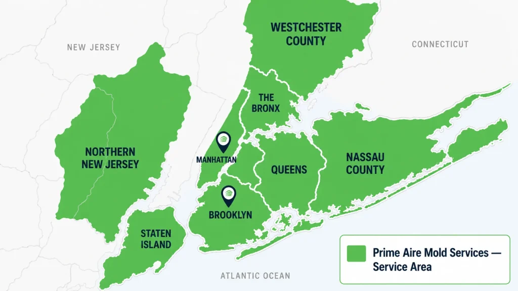 Map of Prime Aire Mold Services coverage across NYC's five boroughs, Westchester, Nassau County, and Northern New Jersey for commerical mold remediation