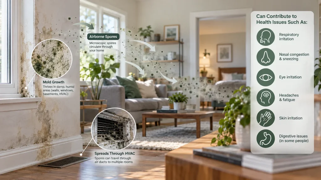 Diagram of mold growth spreading through a home_s walls and HVAC system