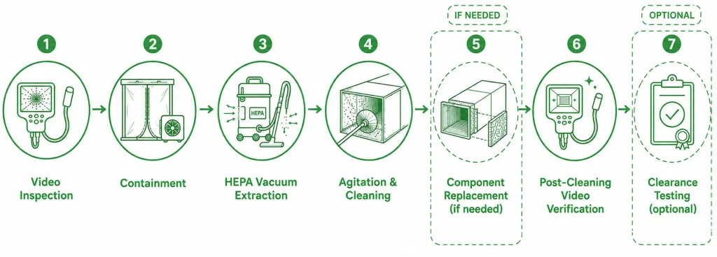 Image of a 7-step HVAC mold removal services process diagram from video inspection to clearance testing