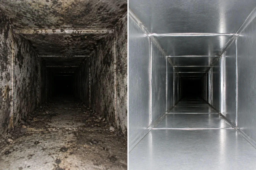 Image of a duct interior before and after professional cleaning, showing mold buildup versus clean metal