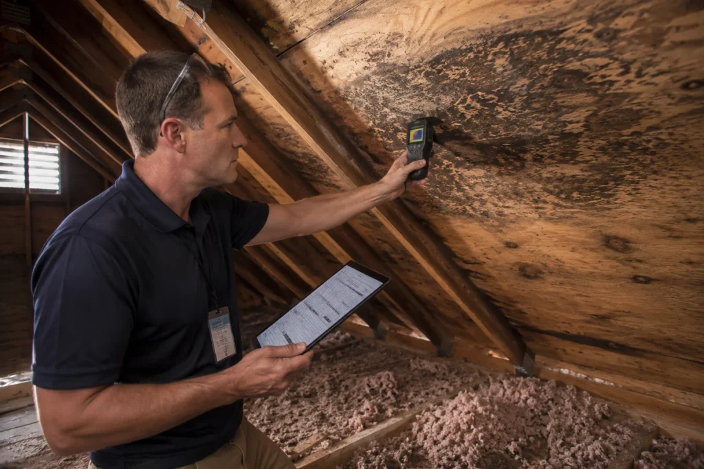 Image of a licensed mold assessor inspecting attic mold with a thermal camera
