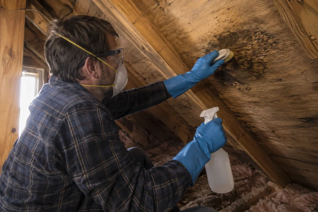 Image of how to get rid of mold in the attic with homeowner using detergent and a scrub brush