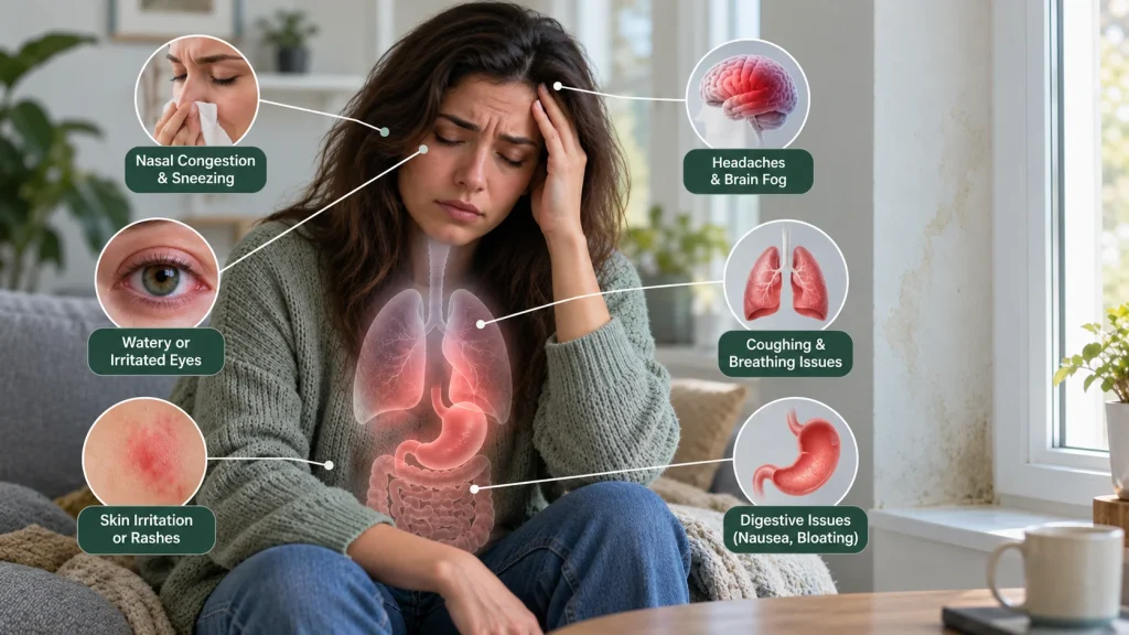 Image of woman showing 10 warning signs of mold toxicity including headaches, brain fog, and skin irritation