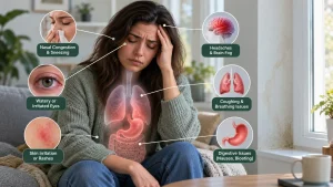 Image of woman showing 10 warning signs of mold toxicity including headaches, brain fog, and skin irritation