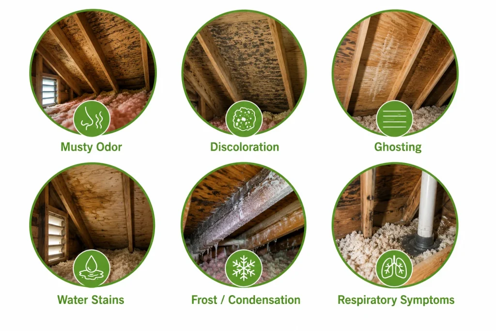Infographic of six warning signs of attic mold shown in icon bubbles