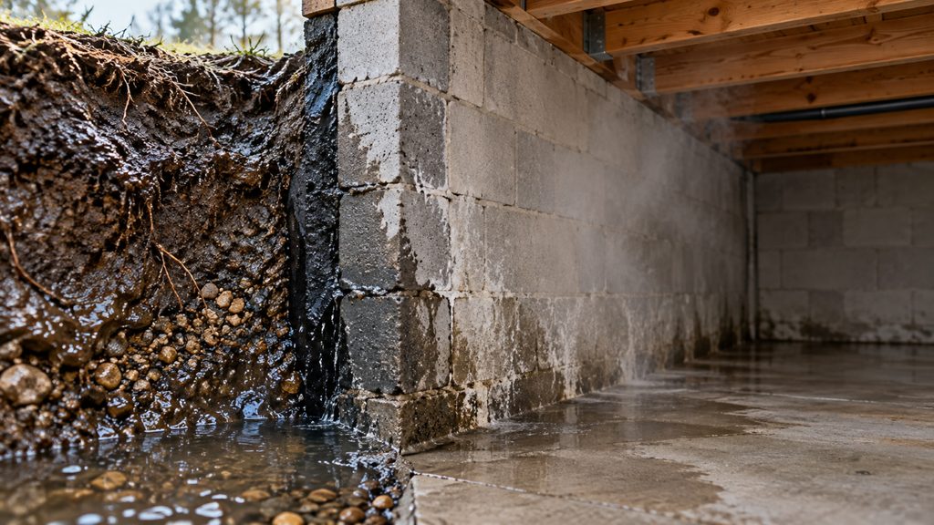 Cross-section of a basement foundation wall with groundwater in the soil outside and moisture evaporating into the basement