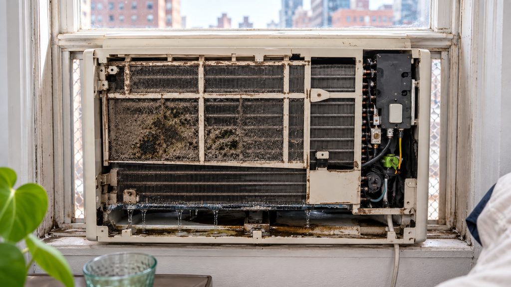 Cutaway of a residential HVAC air handler with dust and mold growth inside the cabinet