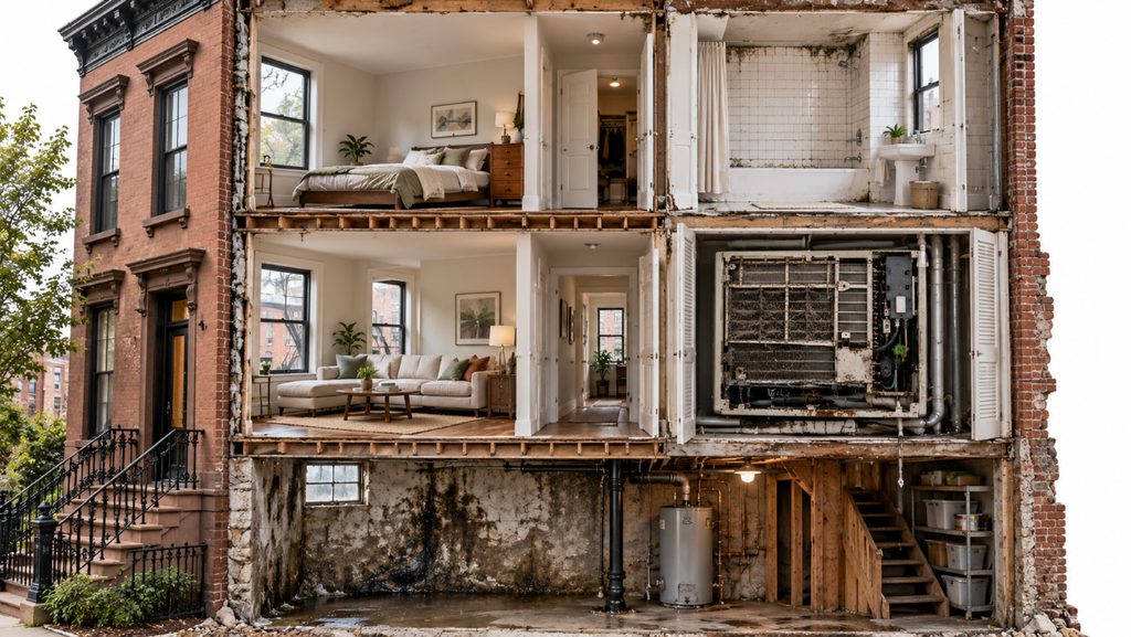 Cutaway of an older New York house marking the common places for mold in the basement, bathroom and HVAC air handler