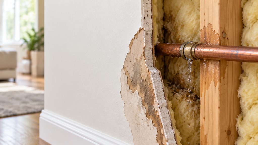 Cross-section of fresh paint over wet sheetrock with an active pipe leak inside the wall cavity