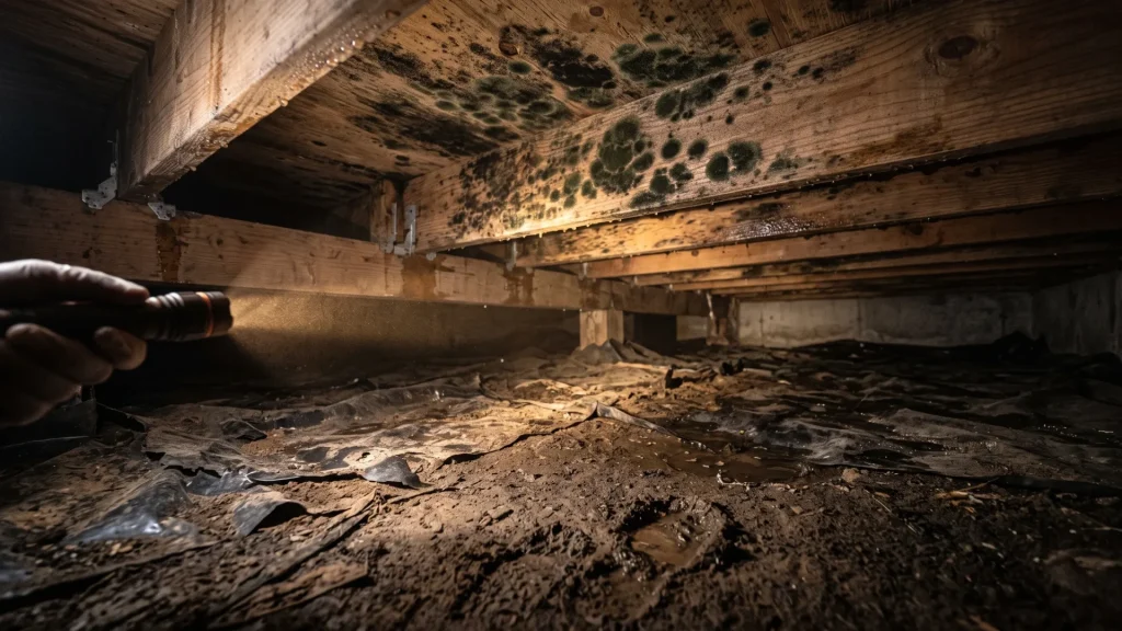 photo-of-a-flashlight-shining-on-damp-dirt-and-moldy-floor-joists-in-a-crawl-space