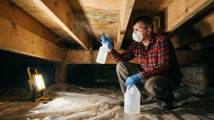 photo-of-a-homeowner-spraying-a-wood-joist-to-test-will-vinegar-kill-mold-in-crawl-space